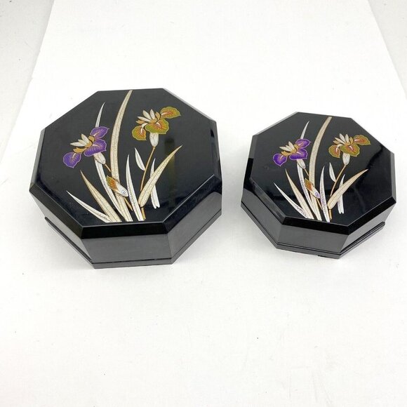 VTG Yamanaka Japan Jewelry‎ Trinket 2pc Nesting Boxes Black Lacquerware Floral - Picture 1 of 12